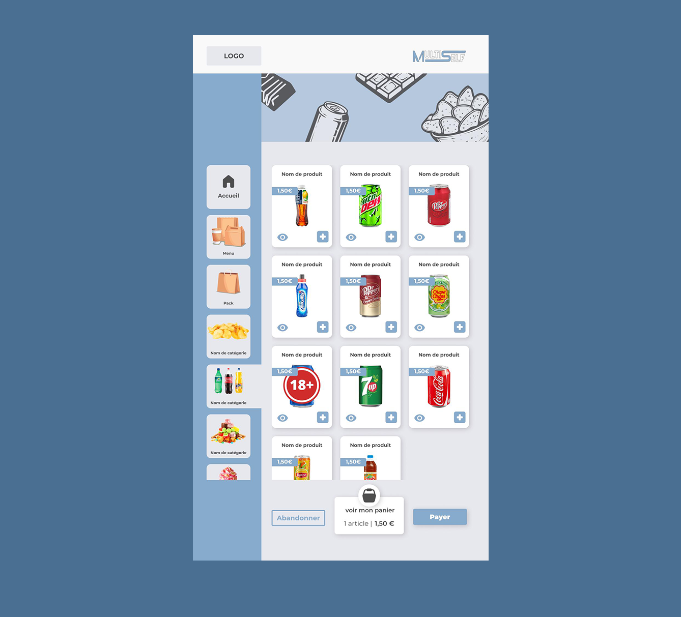 Système visuel monochrome avec cartes produits hiérarchisées pour Multiself